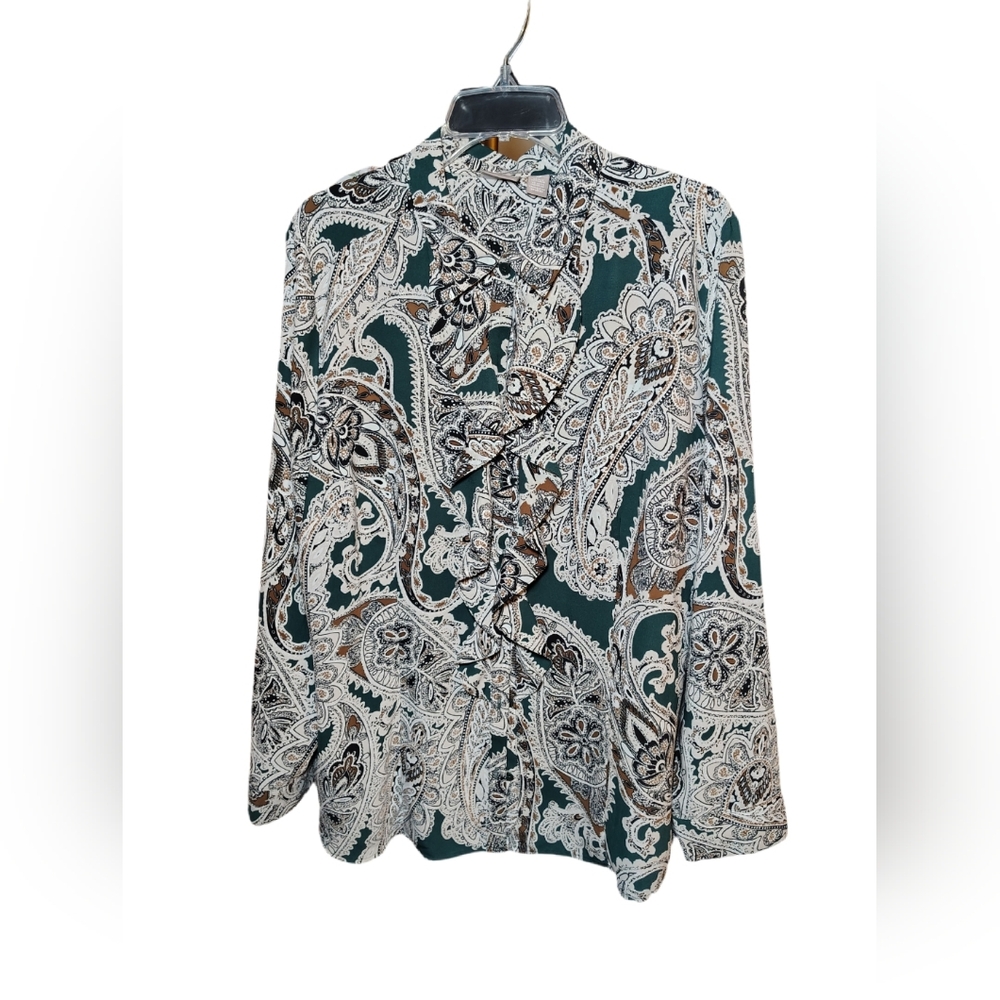 Chico’s Paisley Ruffle Blouse XL 16 Size 3 Green Brown Long Sleeve Career Top - Picture 3 of 10